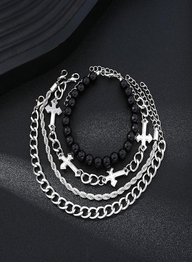 MarveBard 4 PCS Stainless Steel Cross Bracelets for Men Women Stainless Steel Cuban Link Bracelet Handmade Bead Link Punk Style Stackable Layered Cross Chain Bracelet Set Adjustable Punk Jewelry for Men (Silver) - Image 4